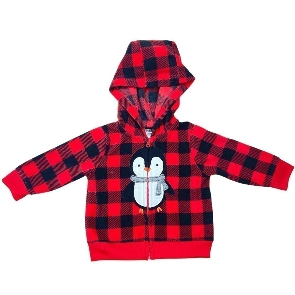 Child of Mine Red & Black Buffalo Check Full Zip Hoodie with Penguin 3-6 Months